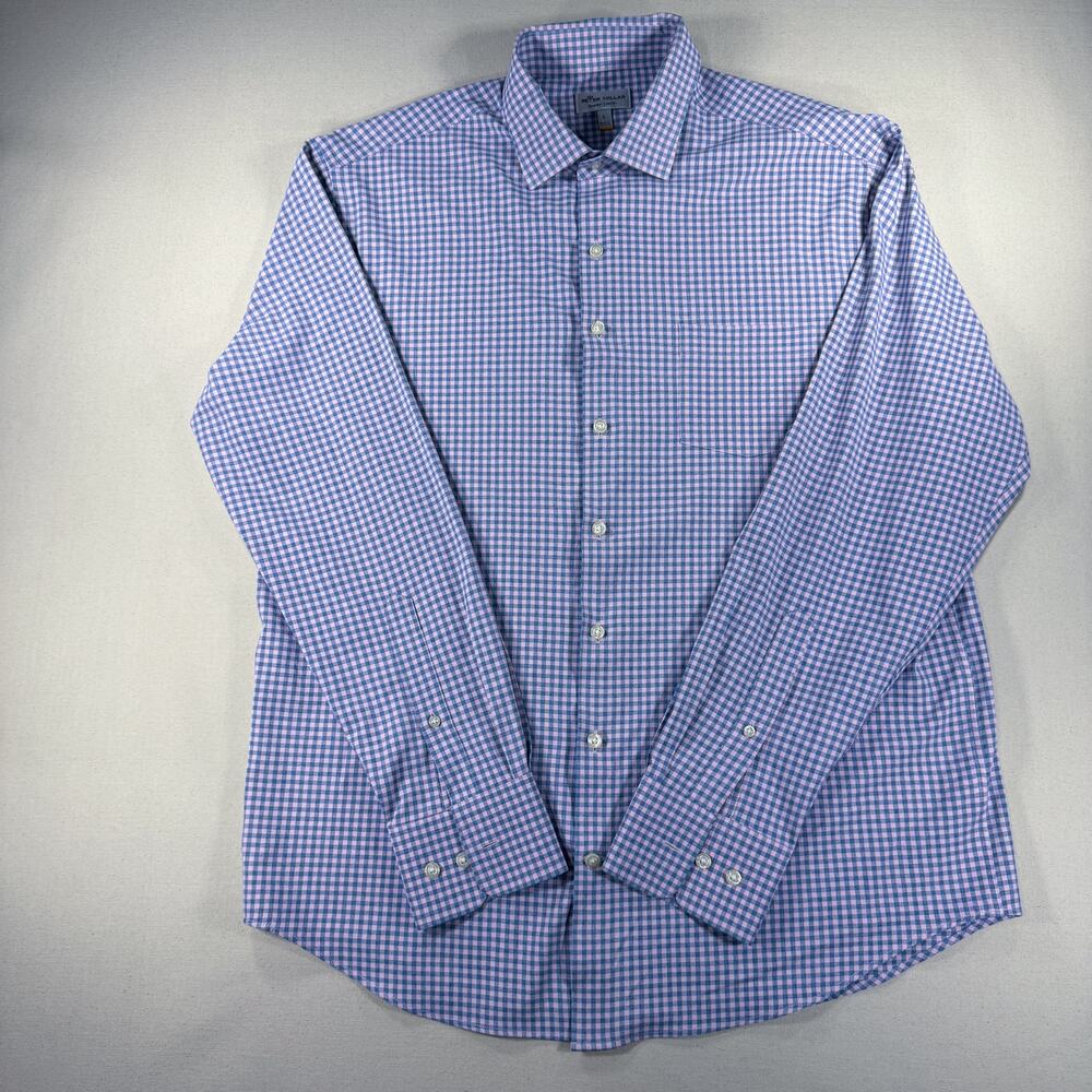 Peter Millar Summer Comfort Mens Large Blue Pink Gingham Plaid Long Sleeve Shirt